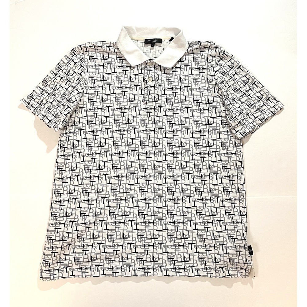 Ted Baker Shirt Men 3 White Black Monogram Polo Short Sleeve Collared Modern Fit